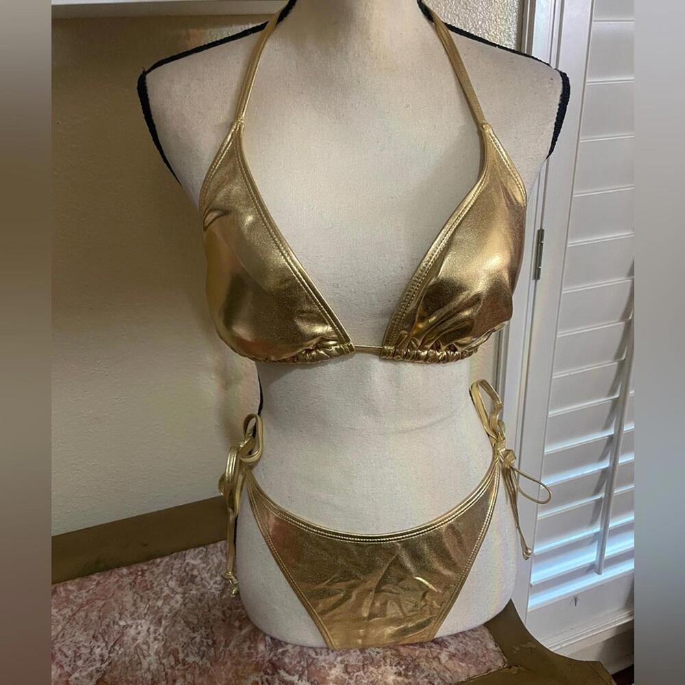 Gold Metallic Triangle Bikini Top and Tie-Side Bottom - Women